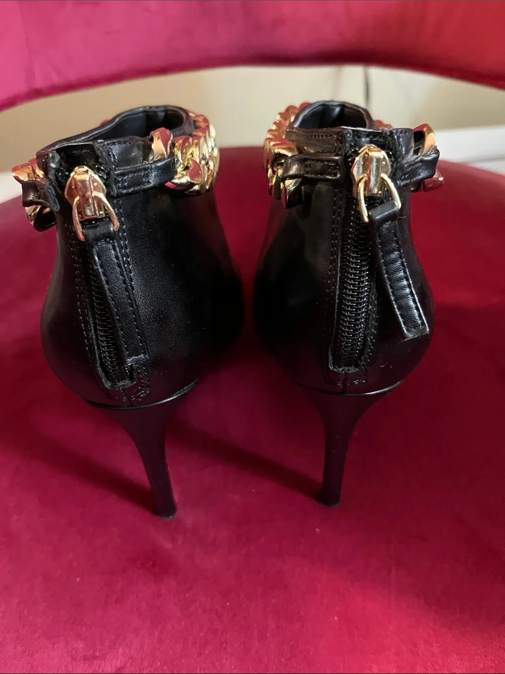 INC International Concepts Black Pointed Ankle Boots with Gold Chain Accent